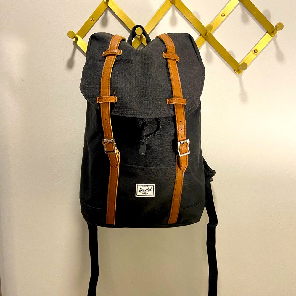 Herschel Retreat Backpack, Black/Tan Synthetic Leather, Mid-Volume 14.0L